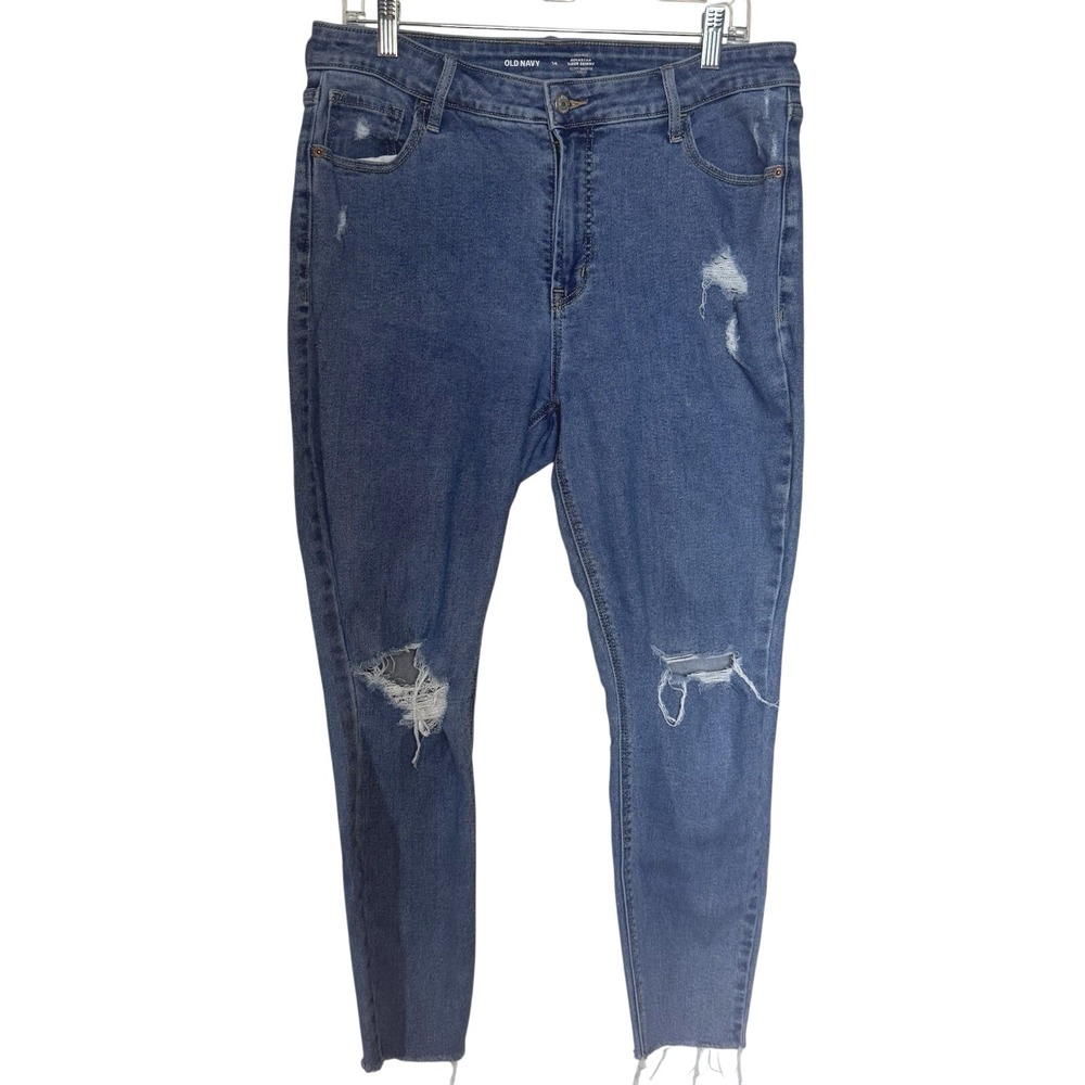 Old Navy Rockstar‎ Super Skinny High Rise Distressed Jeans Blue Size 14 Raw Hem